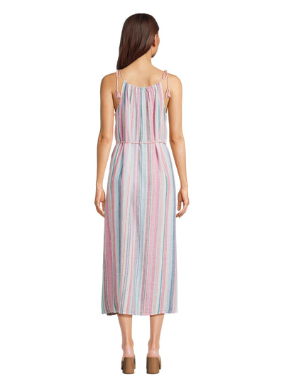 TIME AND TRUE Womens Coral Unlined Tie Shoulders And Belt Striped Sleeveless Scoop Neck Midi Shift Dress XS
