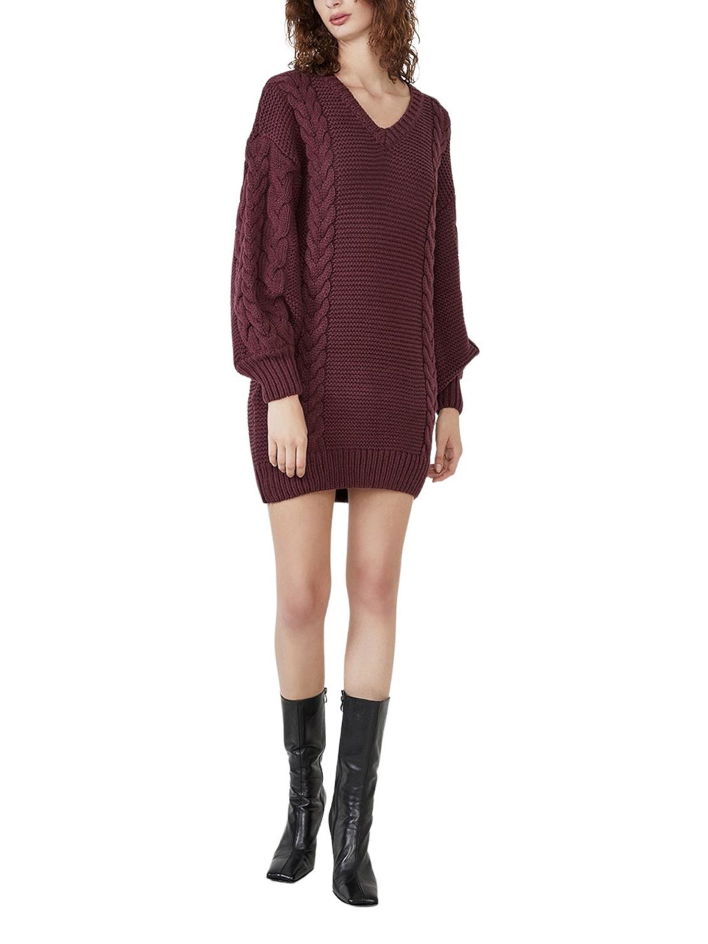 BARDOT Womens Burgundy Textured Unlined Drop Shoulders Long Sleeve V Neck Mini Evening Sweater Dress XL