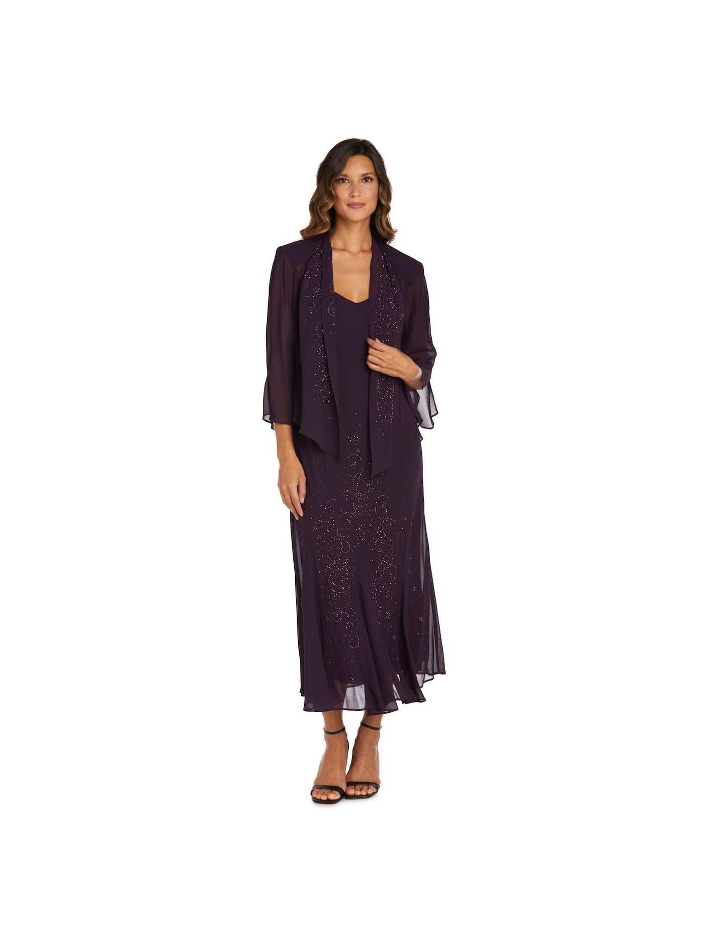 R&M RICHARDS Womens Purple Stretch Beaded Lined Open Front 3/4 Sleeve Jacket Sleeveless V Neck Midi Party Fit + Flare Dress 18