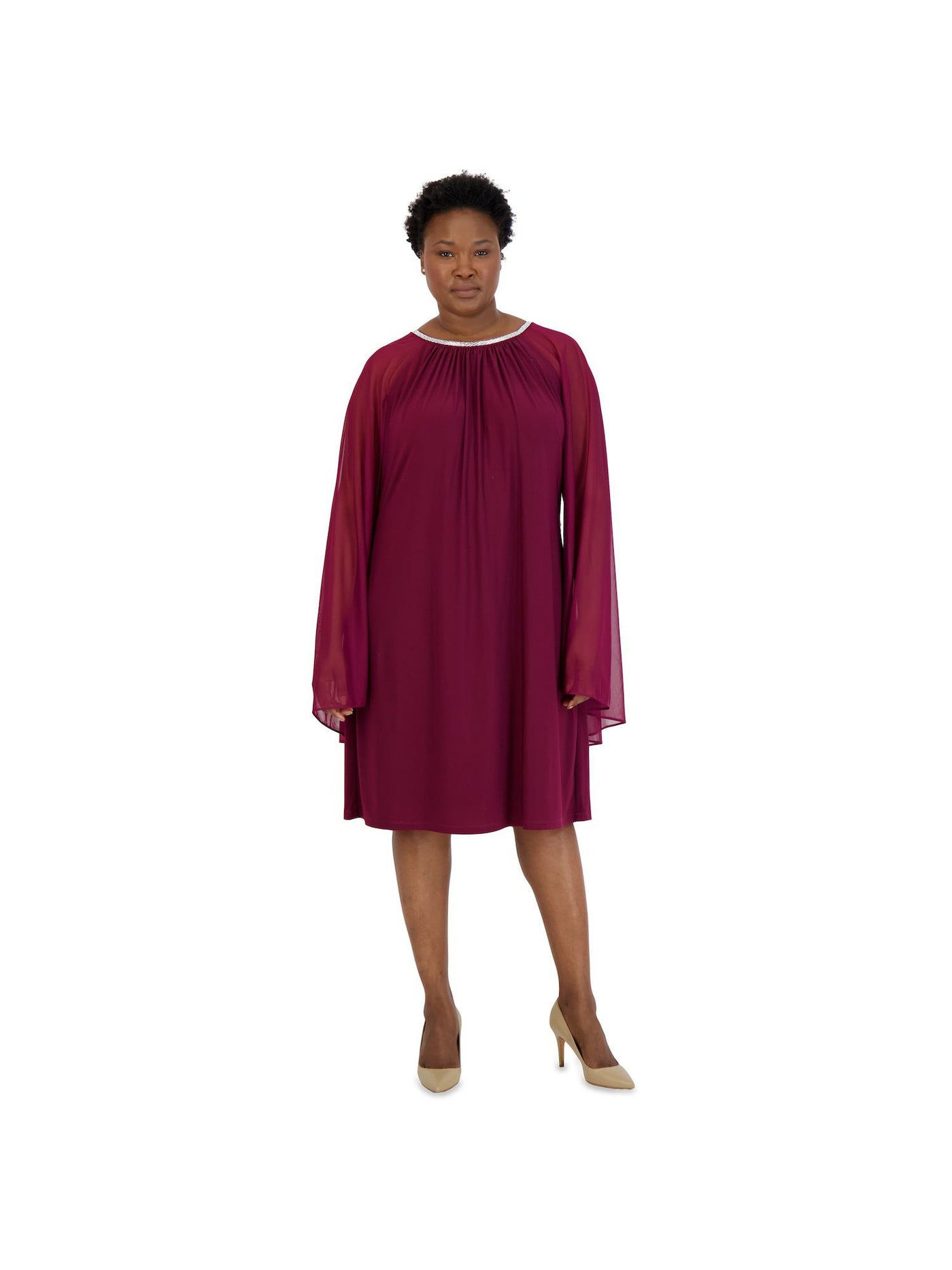 R&M RICHARDS Womens Burgundy Stretch Embellished Zippered Attached Chiffon Cape Sleeveless Jewel Neck Above The Knee Evening Shift Dress Plus 20W