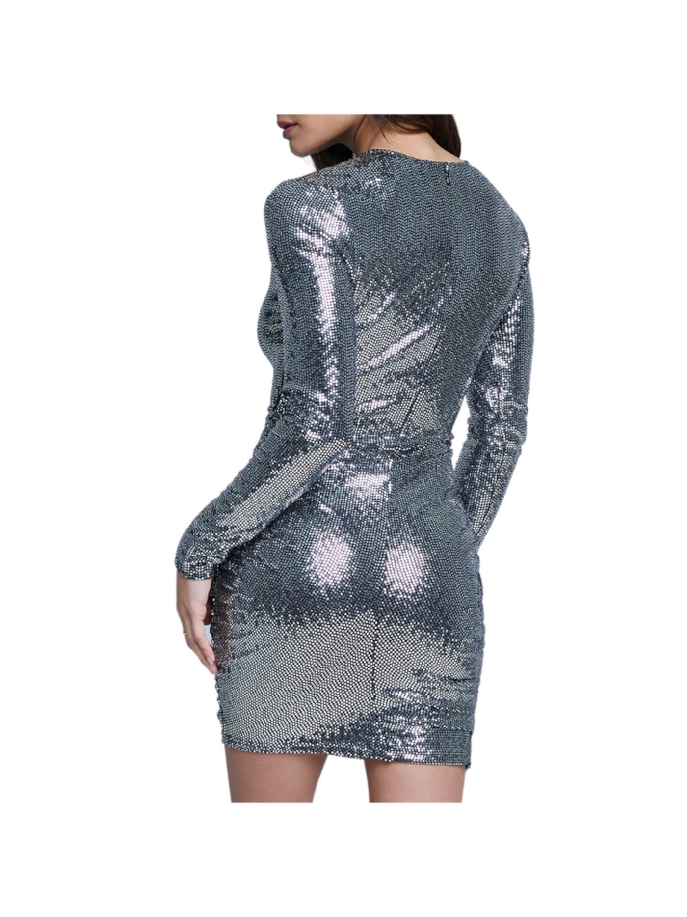LAGENCE Womens Silver Ruched Zippered Unlined Long Sleeve Round Neck Mini Party Body Con Dress 8