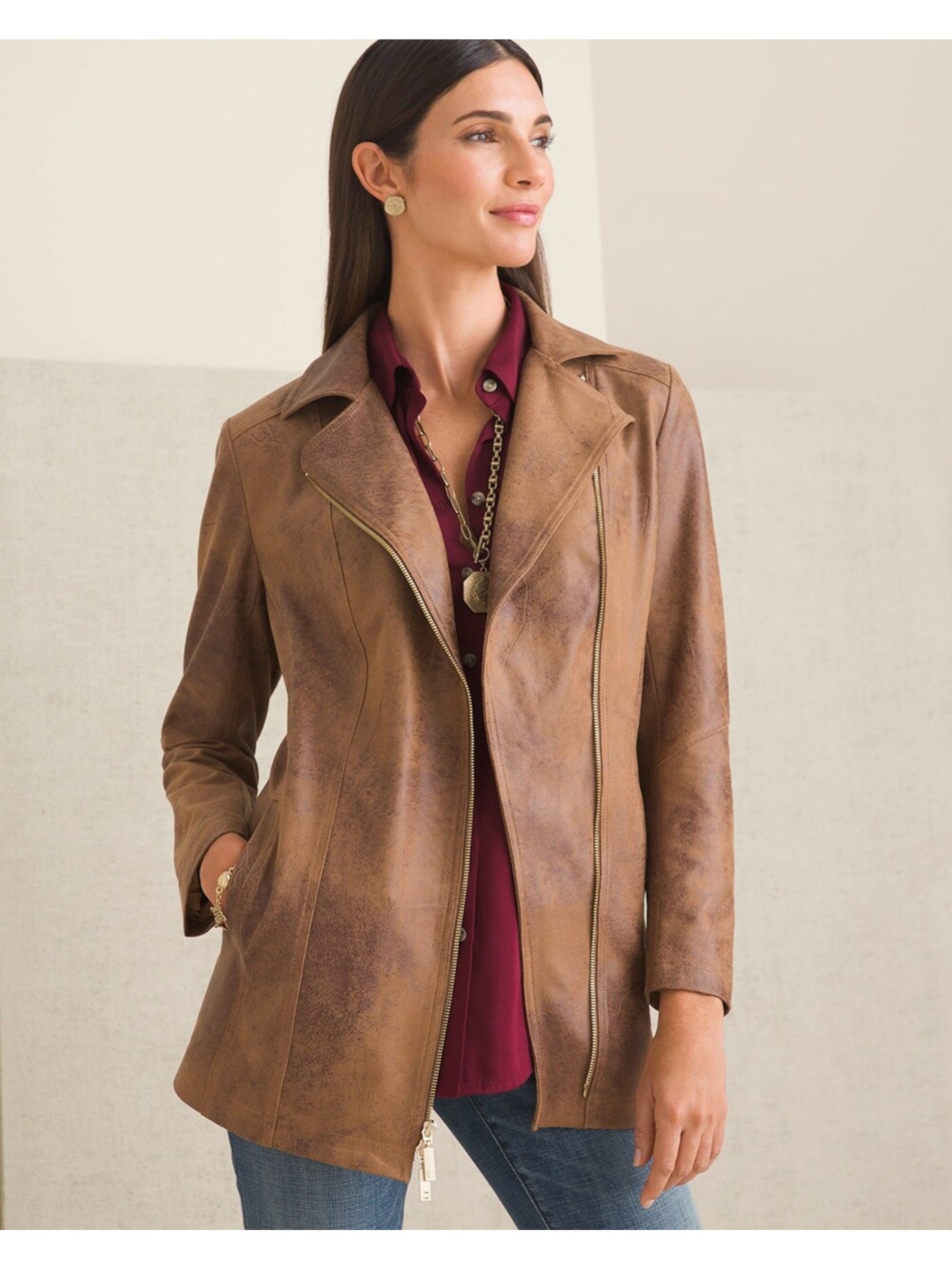 CHICOS Womens Brown Zippered Pocketed Faux-suede Elongated Lined Motorcycle Jacket 0
