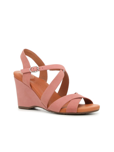 GENTLE SOULS KENNETH COLE Womens Pink Goring Cushioned Isla Round Toe Wedge Buckle Leather Heeled Sandal 7.5 M