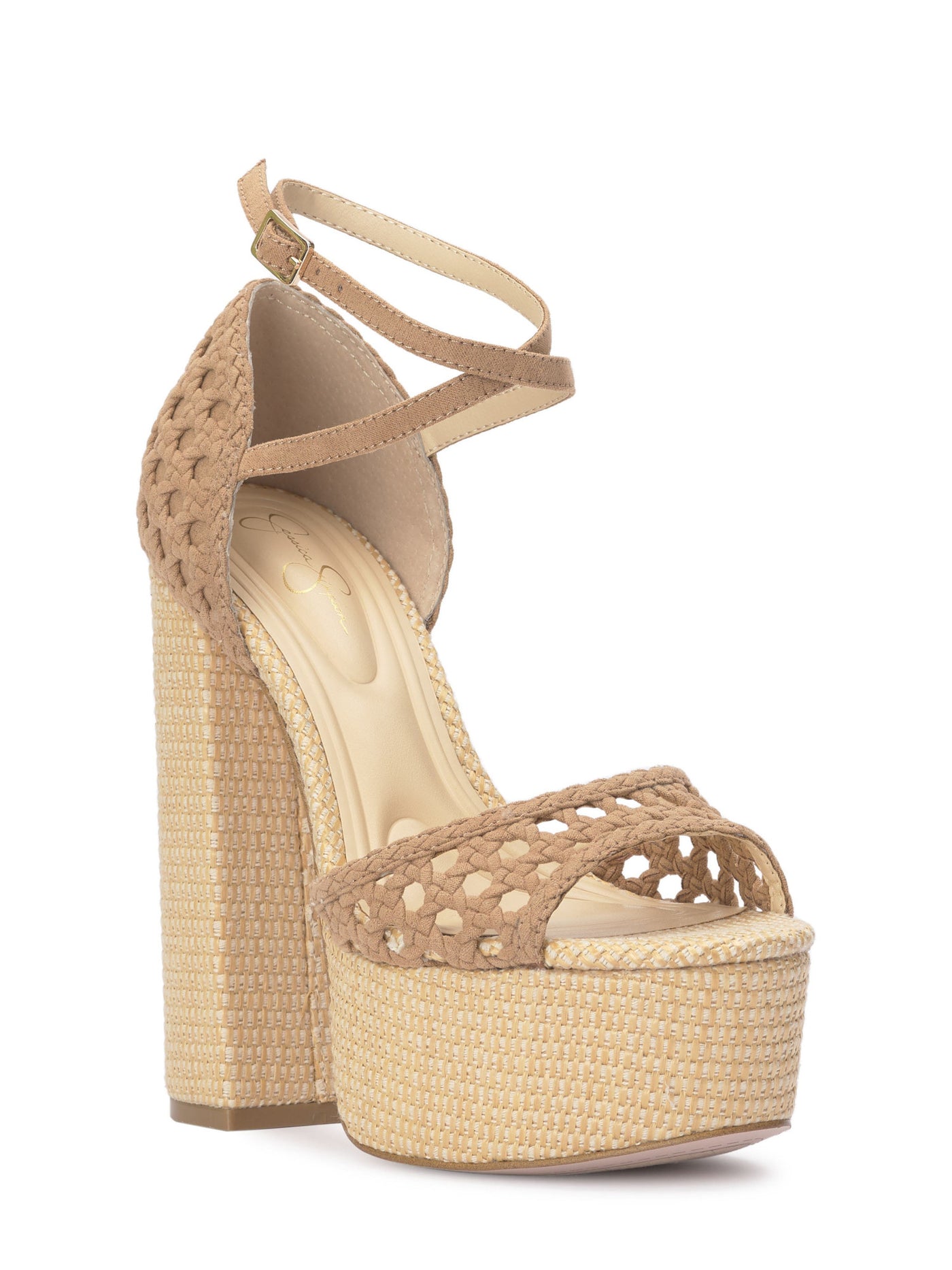 JESSICA SIMPSON Womens Beige Mixed Media 2" Platform Padded Ankle Strap Woven Aditi Peep Toe Block Heel Buckle Heeled Sandal 11 M