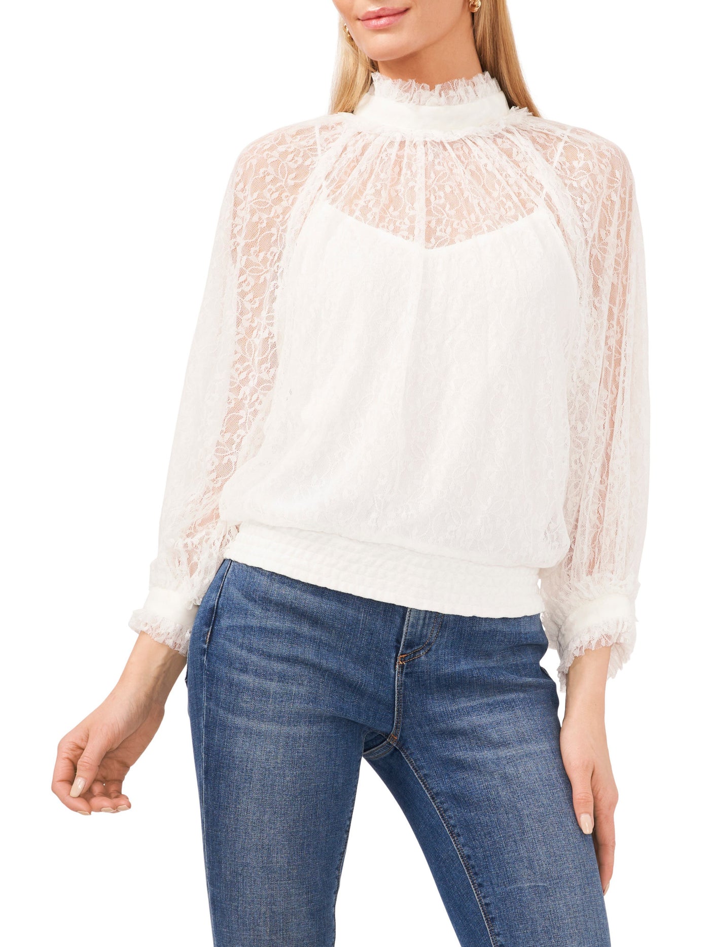 VINCE CAMUTO Womens White Lace Smocked Keyhole Back Lined Long Sleeve Mock Neck Blouse L