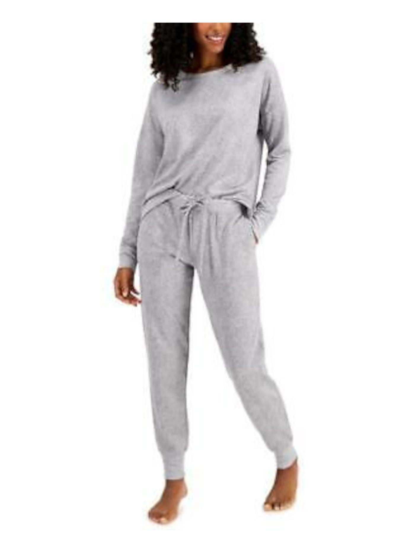 ALFANI INTIMATES Womens Gray Animal Print Drawstring Long Sleeve T-Shirt Top Cuffed Pants Pajamas XS