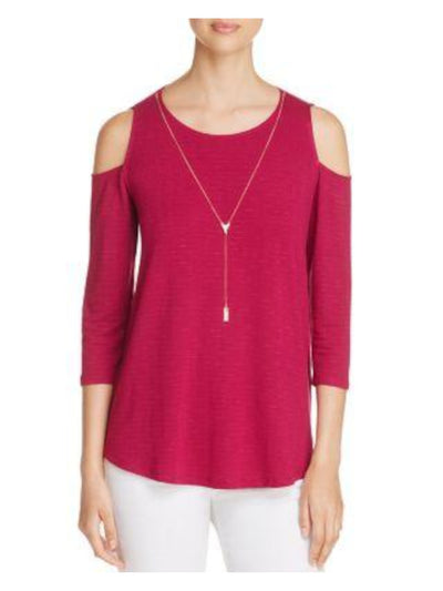 STATUS BY CHENAULT Womens Cold Shoulder With Necklace 3/4 Sleeve Scoop Neck Top