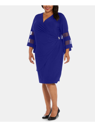 R&M RICHARDS WOMAN Womens Blue Beaded Illusion Bell Sleeve V Neck Knee Length Wrap Dress Plus 16W