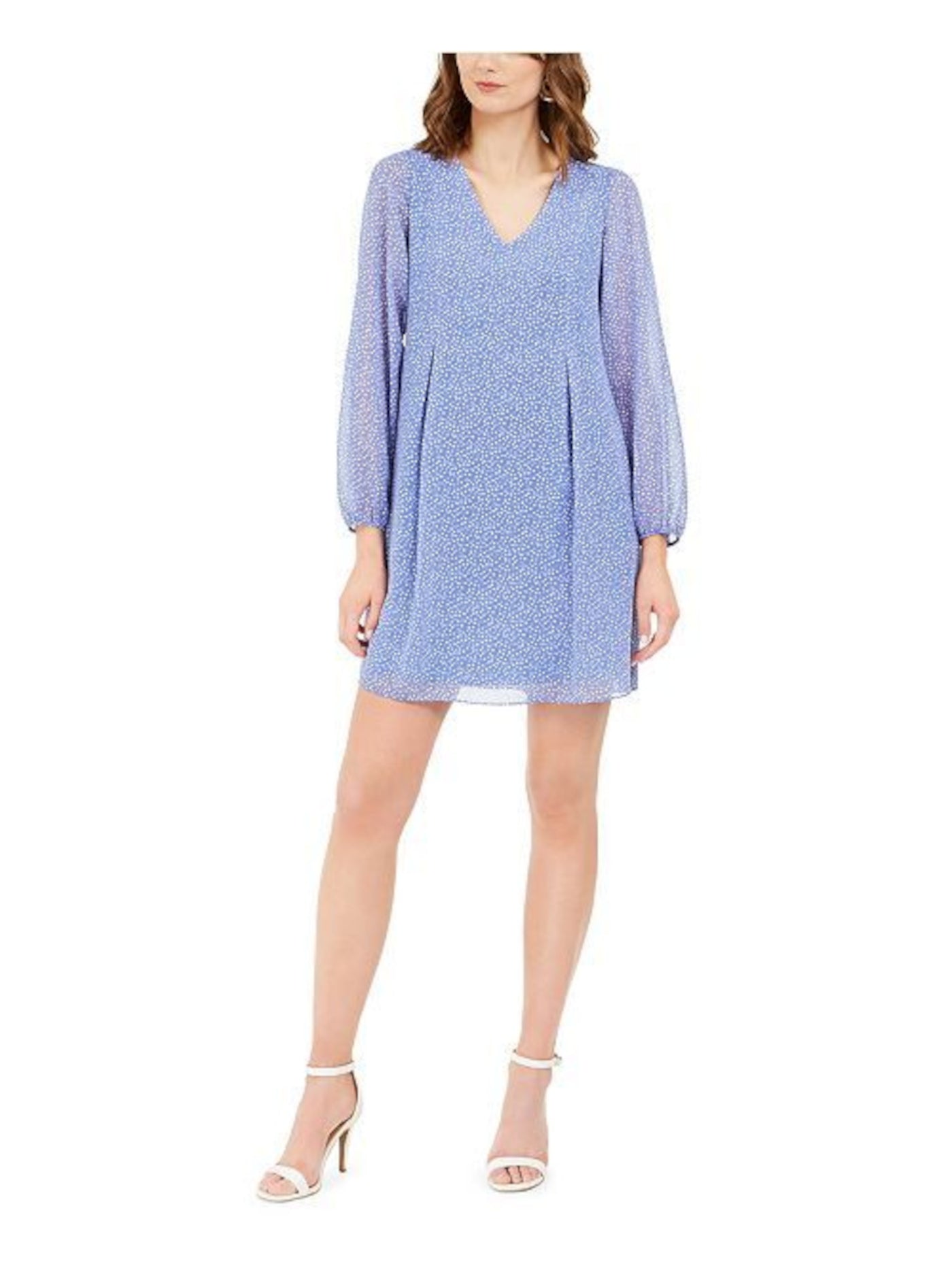 INC DRESS Womens Blue Zippered Sheer Tie At Back V-neck Lined Polka Dot Long Sleeve V Neck Short Party Shift Dress XS