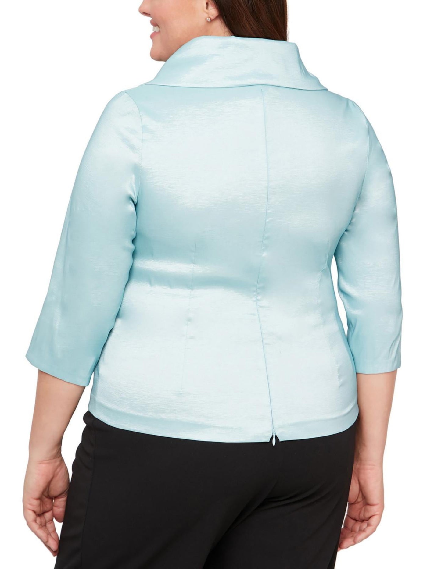 ALEX EVENINGS WOMAN Womens Teal Zippered Textured Unlined Tie Waist 3/4 Sleeve Collared Wear To Work Blouse Plus 1X