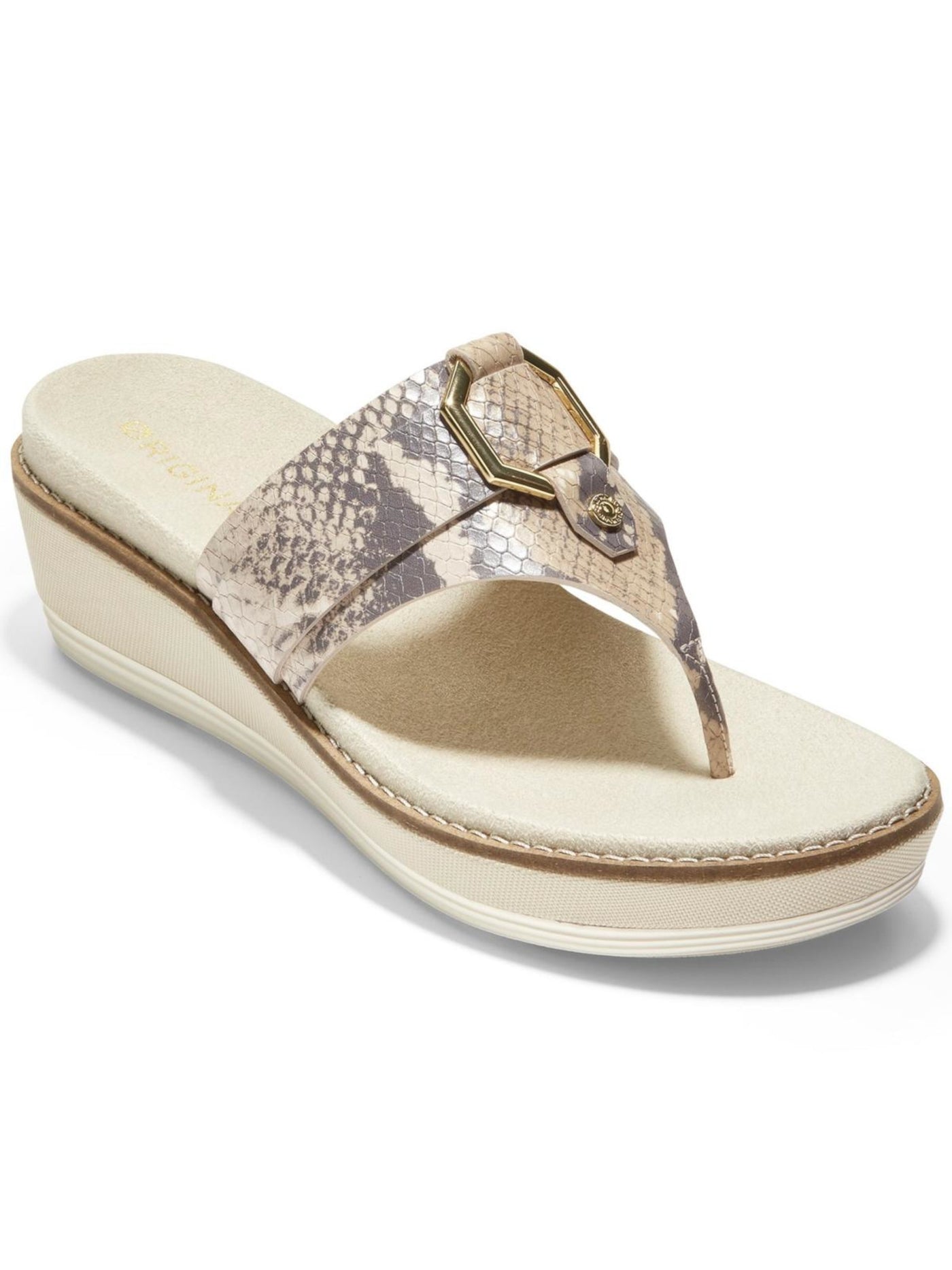 COLE HAAN Womens Beige Snakeskin 1-1/2" Platform Hardware Embellishment Comfort Slip Resistant Breathable Original Grand Flatform Round Toe Wedge Slip On Leather Thong Sandals Shoes 11 B