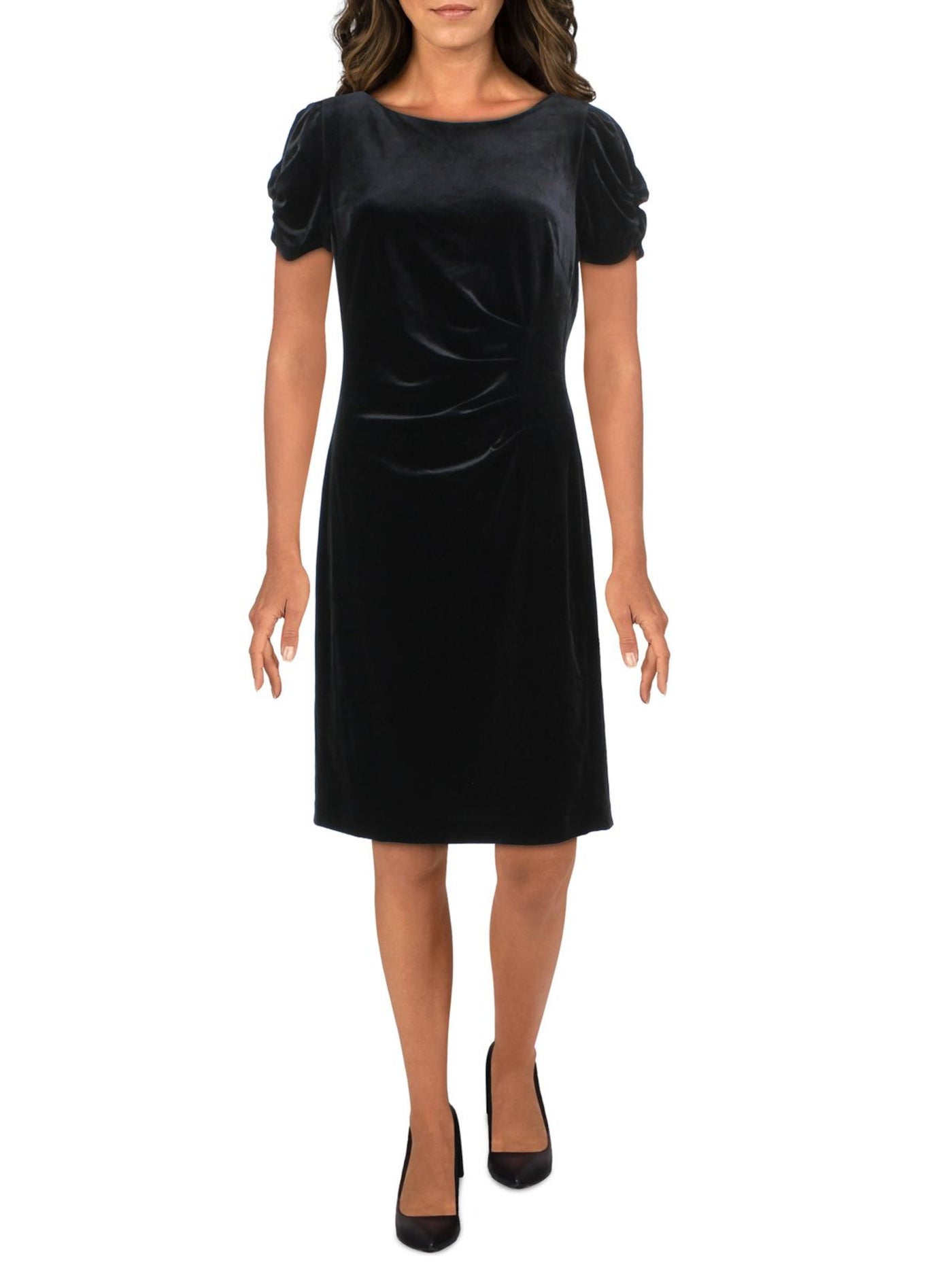 KARL LAGERFELD Womens Black Zippered Ruched Pouf Sleeve Round Neck Above The Knee Party Fit + Flare Dress 8