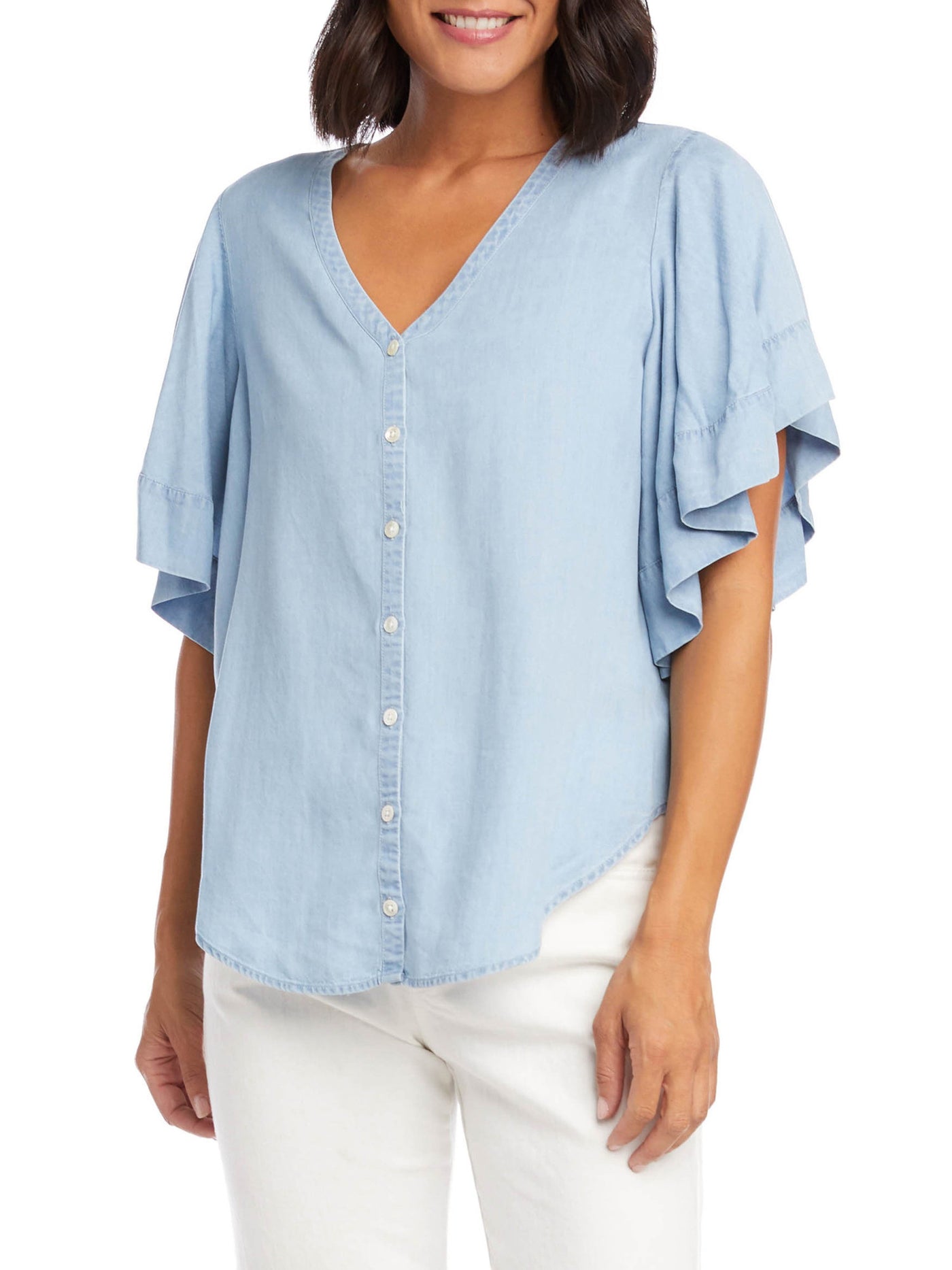 KAREN KANE Womens Light Blue Flutter Sleeve V Neck Button Up Top XS