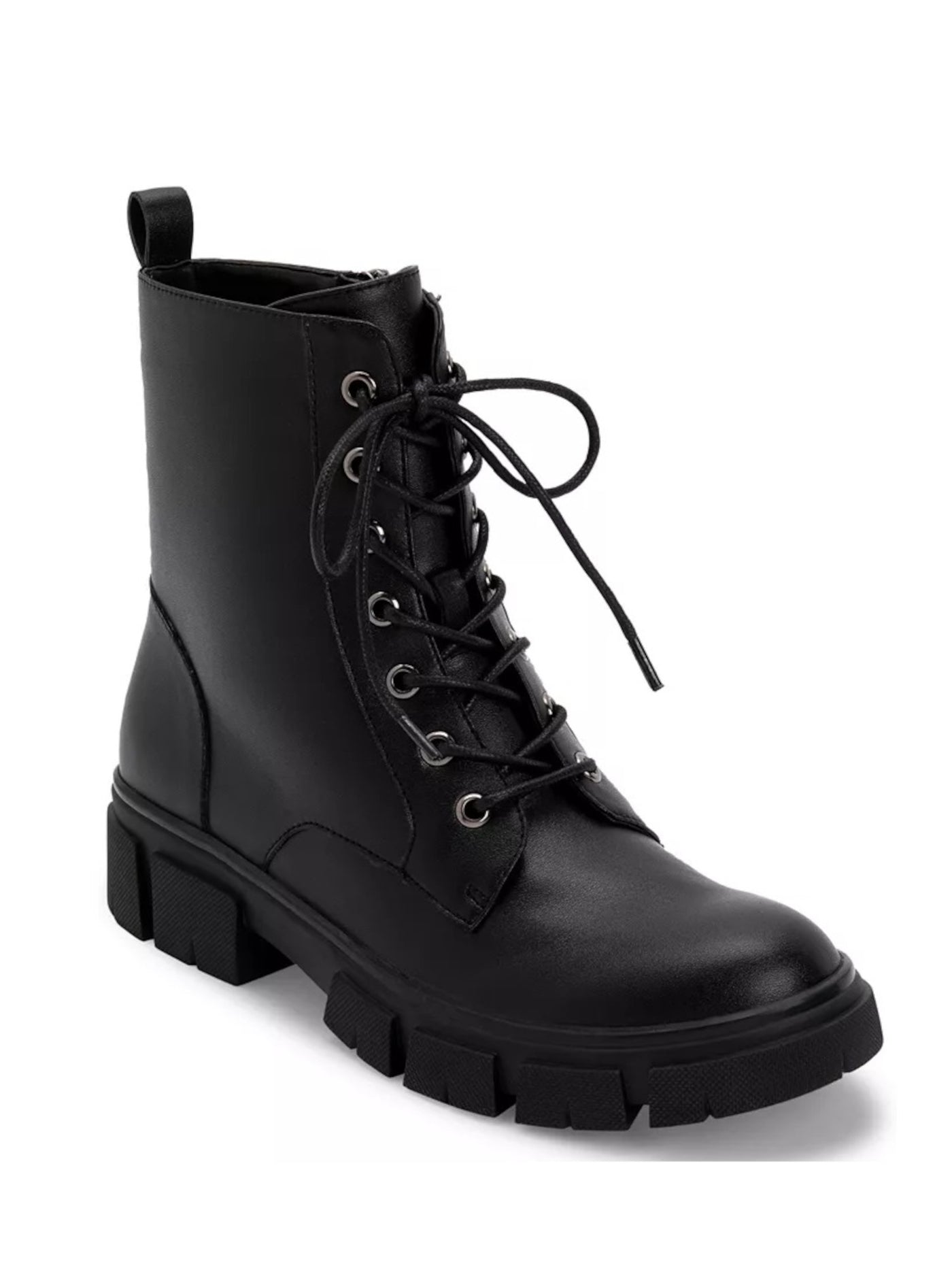 AQUA COLLEGE Womens Black Comfort Pippa Round Toe Block Heel Zip-Up Leather Combat Boots 8 M