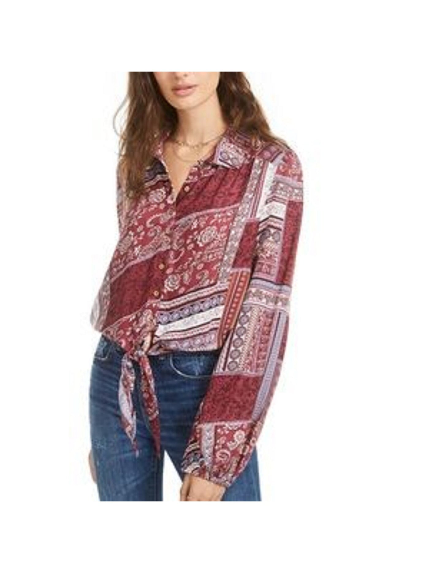 AMERICAN RAG Womens Red Printed Long Sleeve Collared Button Up Top XS