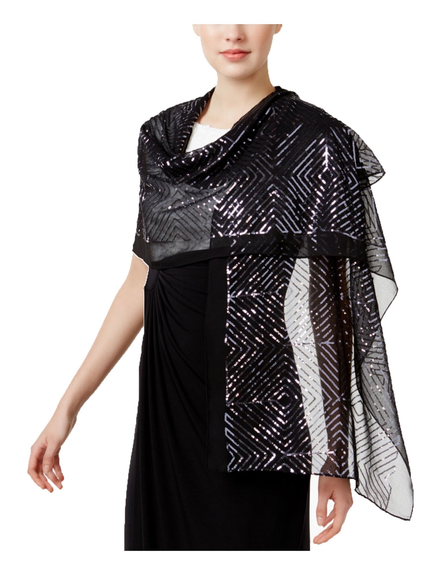 INC Womens Black Silver Sequined Wrap Evening Scarf