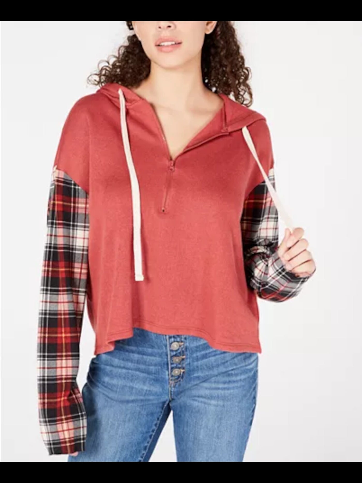 REWASH Womens Red Plaid Long Sleeve Crew Neck Hoodie Top M