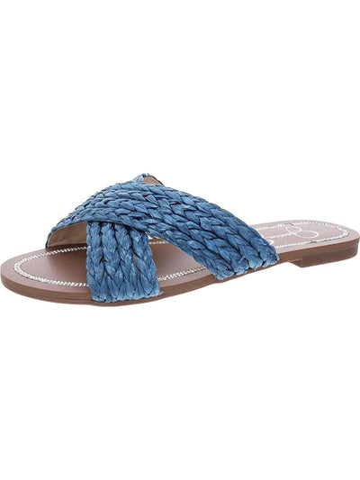 JESSICA SIMPSON Womens Blue Braided Crisscross Straps Rhinestone Braided Elaney Almond Toe Block Heel Slip On Slide Sandals 6.5 M