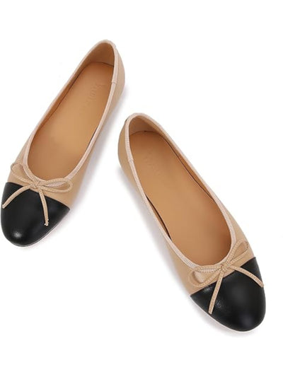 VIVALAVER Womens Beige Color Block Padded Bow Accent Cap Toe Slip On Ballet Flats 6.5