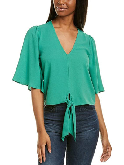 1. STATE Womens Green Tie Sheer Bell Sleeve V Neck Top XXS