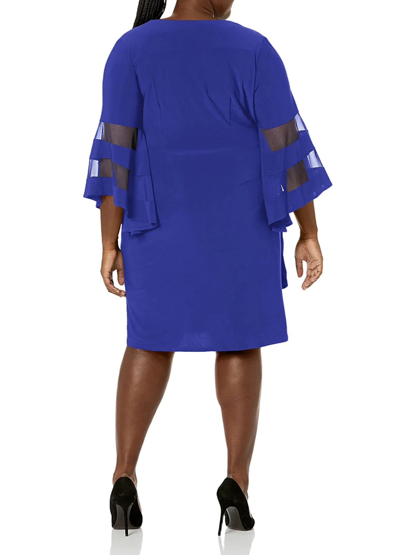 R&M RICHARDS WOMAN Womens Blue Beaded Rhinestone Illusion Bell Sleeve V Neck Knee Length Party Wrap Dress Plus 20W