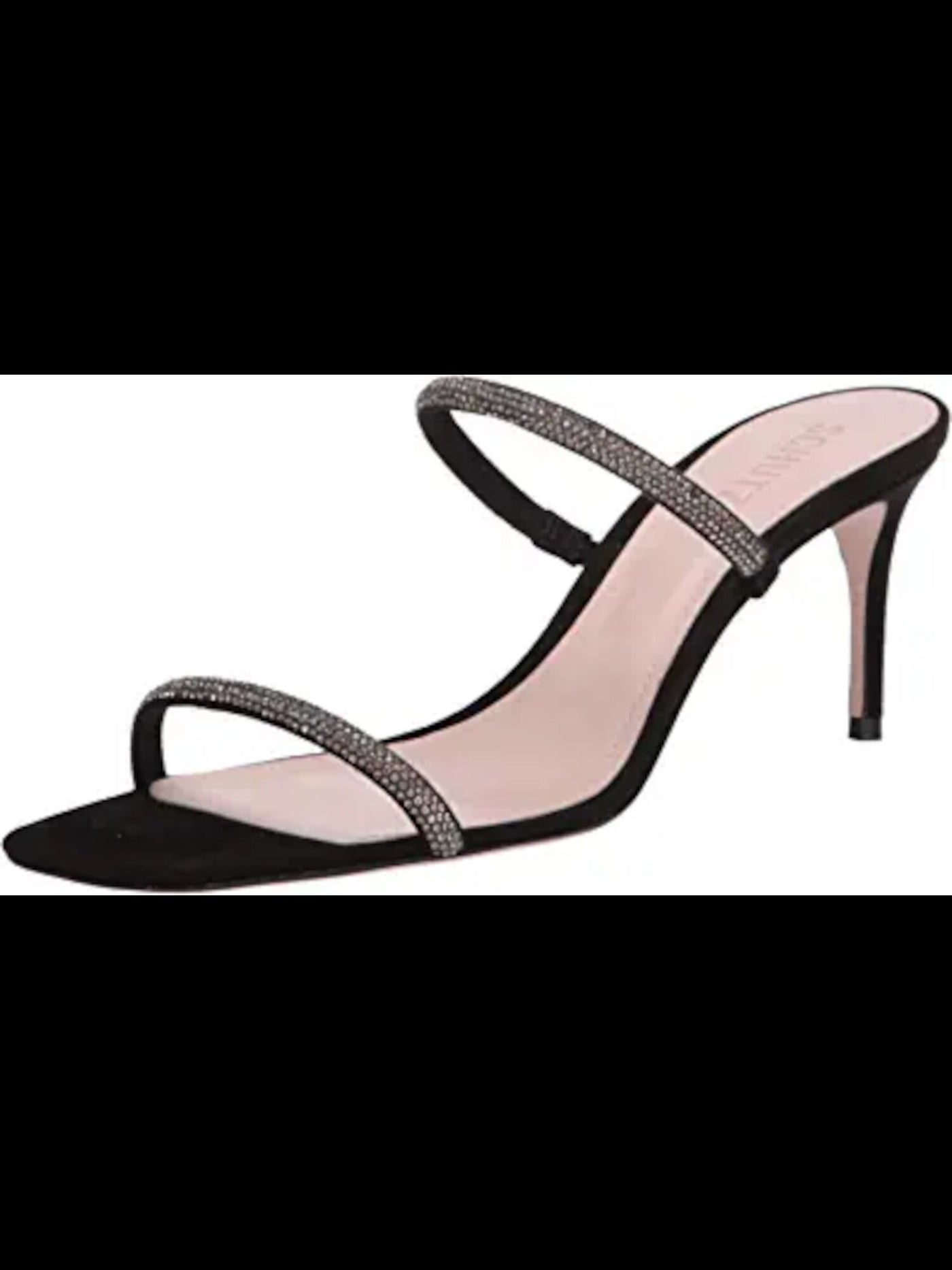 SCHUTZ Womens Black Rhinestone Padded Taleen Square Toe Stiletto Slip On Leather Slide Sandals Shoes 7.5 B