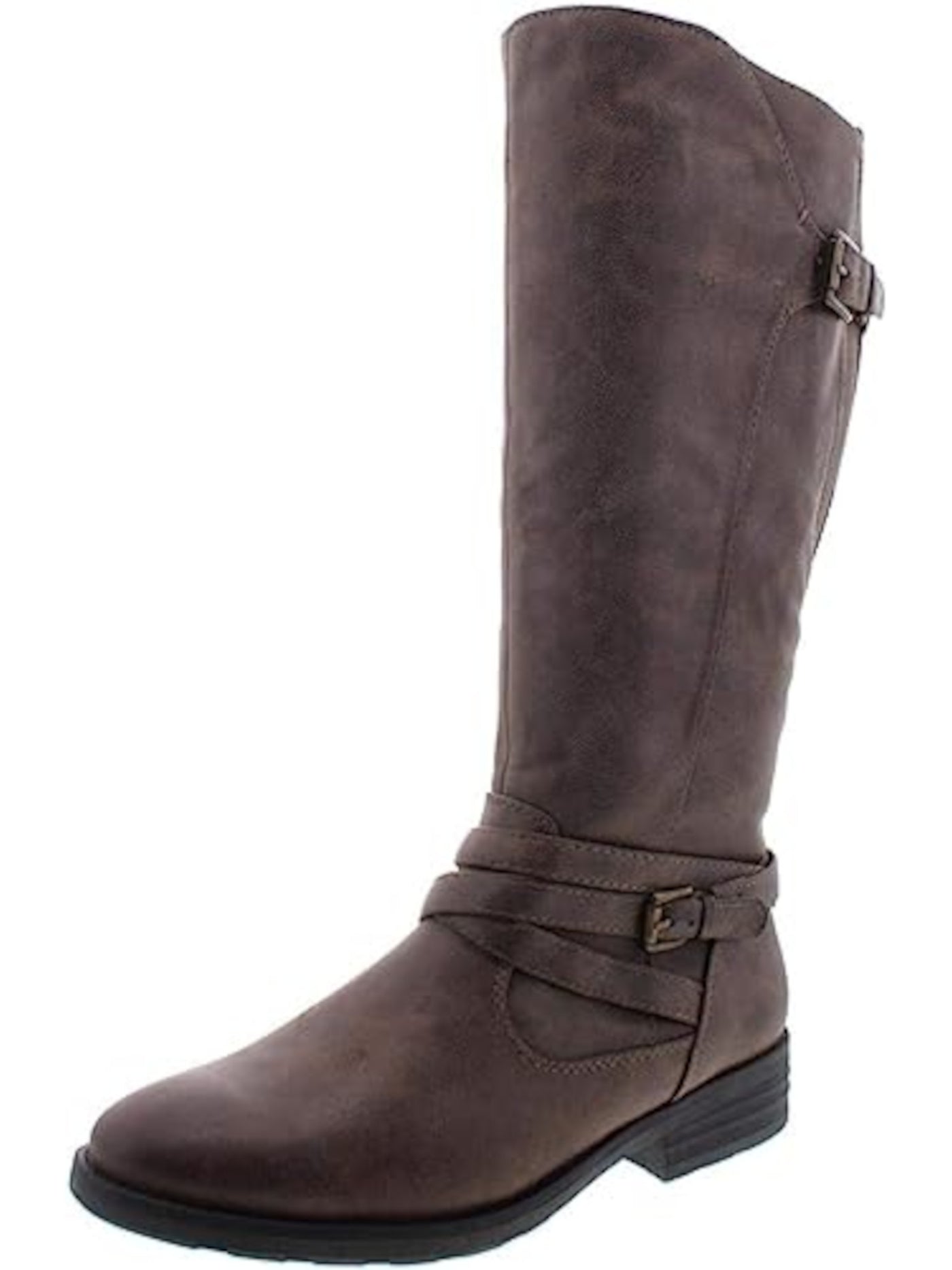 BARETRAPS Womens Brown Crisscross Buckle Straps Elastic Panel Buckle Accent Stretch Alysha Round Toe Block Heel Zip-Up Riding Boot 5 M