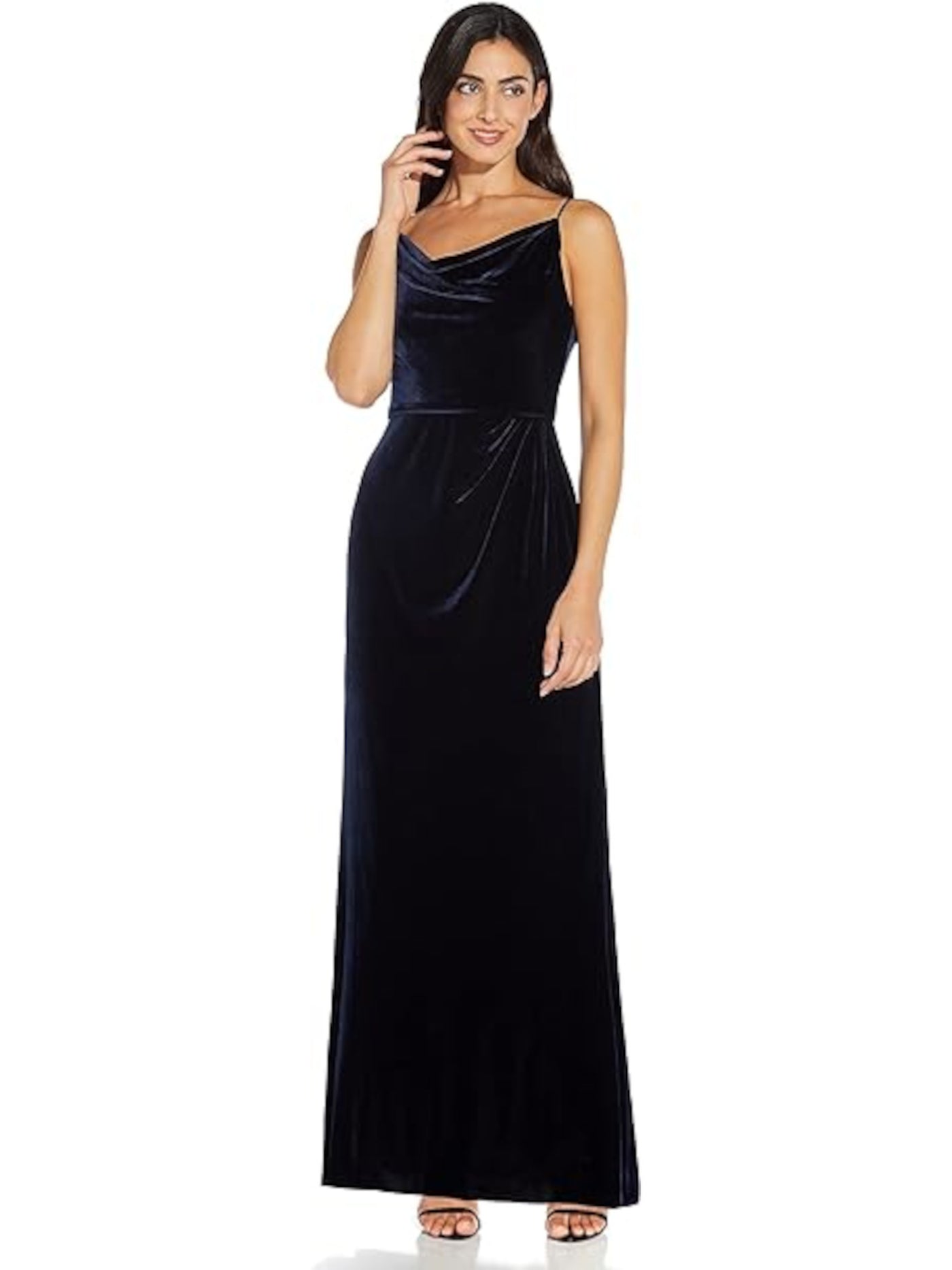 ADRIANNA PAPELL Womens Navy Zippered Pleated Draped Front Spaghetti Strap Cowl Neck Full-Length Evening Gown Dress 2