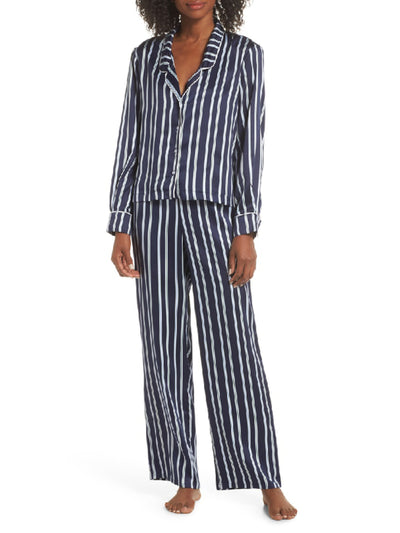 SPLENDID Intimates Navy Satin Notch Collard Long Cuffed Sleeves Striped Sleep Shirt Pajama Top S