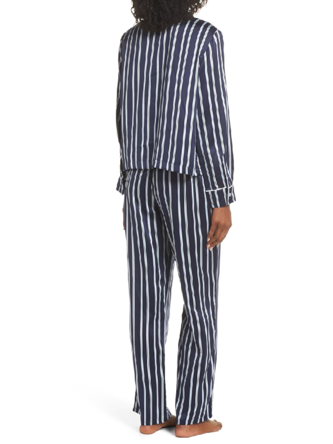SPLENDID Intimates Navy Satin Notch Collard Long Cuffed Sleeves Striped Sleep Shirt Pajama Top S
