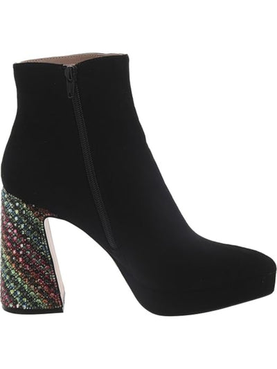 BETSEY JOHNSON Womens Black 1" Platform Rhinestone Padded Raylan Pointed Toe Block Heel Zip-Up Dress Boots 10 M