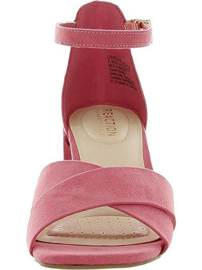 REACTION KENNETH COLE Womens Coral Ankle Strap Padded Mix X-band Square Toe Block Heel Buckle Dress Heeled Sandal 7.5 M