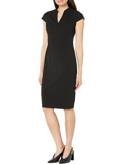 CALVIN KLEIN Womens Black Zippered Back Slit Cap Sleeve V Neck Knee Length Wear To Work Sheath Dress 14