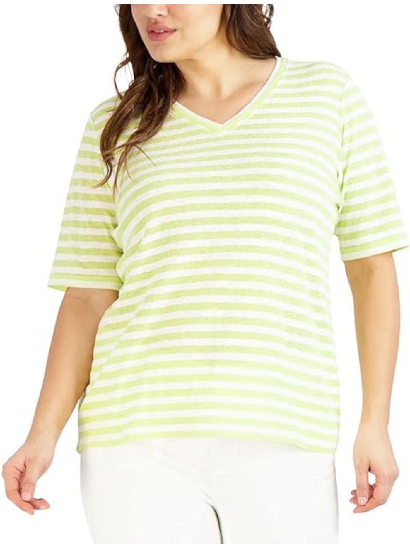 JONES NEW YORK Womens Green Sheer Textured Unlined Step Hem Striped Elbow Sleeve V Neck T-Shirt XS