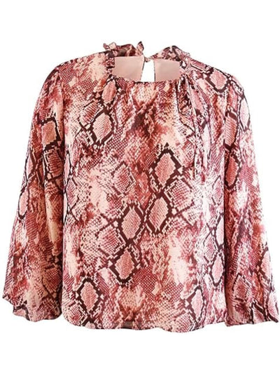 VINCE CAMUTO Womens Pink Tie Ruffled Keyhole Back Lined Balloon Sleeve Jewel Neck Blouse S