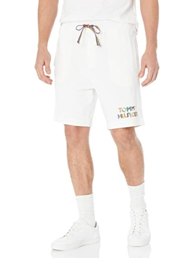 TOMMY HILFIGER Mens Pride White Drawstring, Logo Graphic Classic Fit Fleece Shorts M