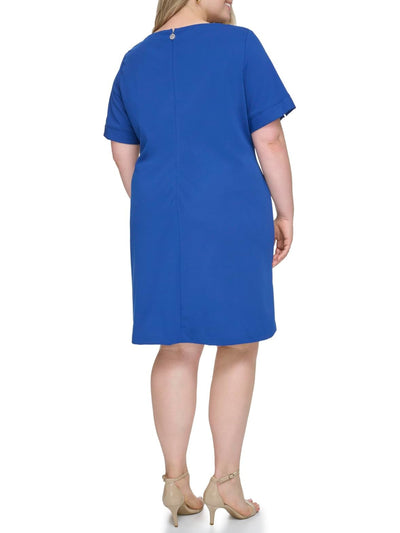 TOMMY HILFIGER Womens Blue Zippered Unlined Split Detail Front Short Sleeve Crew Neck Knee Length Wear To Work Shift Dress Plus 20W