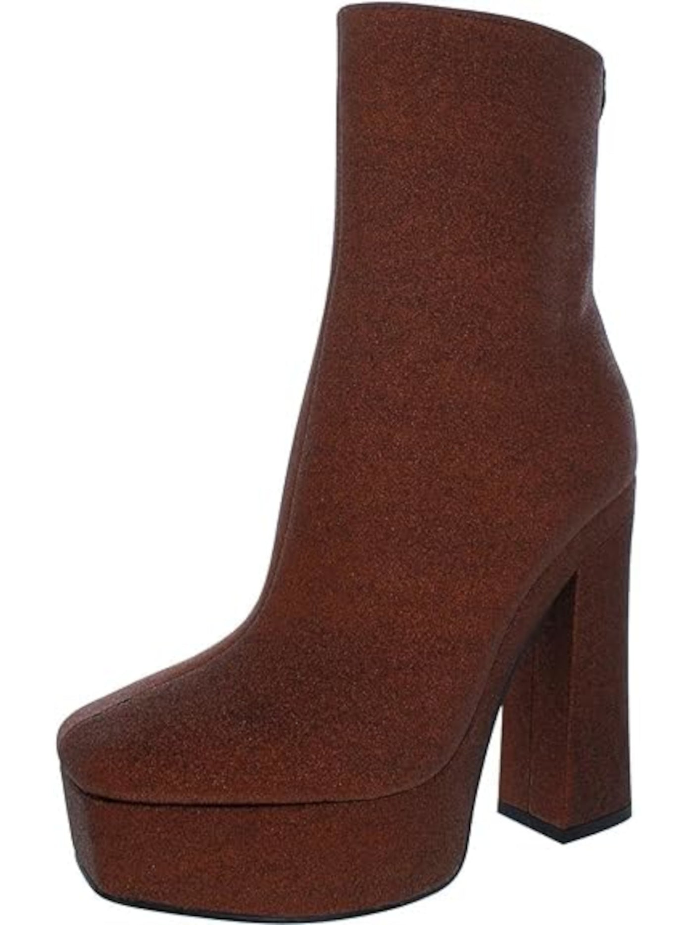 GUESS Womens Brown 1.5 Platform Glitter Padded Byra Square Toe Block Heel Zip-Up Dress Booties 7.5 M