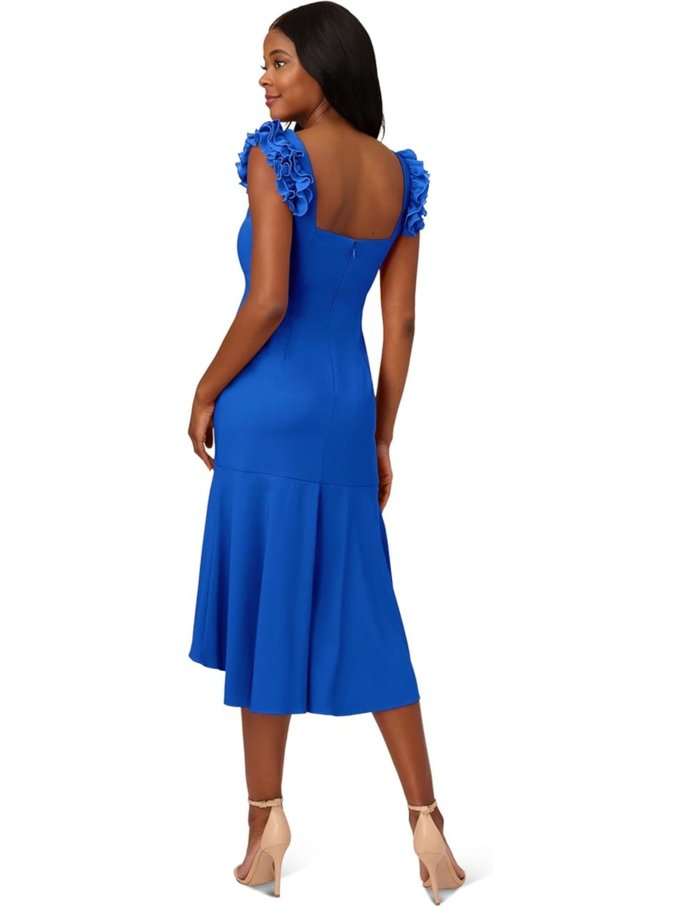 ADRIANNA PAPELL Womens Blue Ruffled Zippered Flounce Hem Lined Sleeveless Square Neck Midi Cocktail Hi-Lo Dress 14