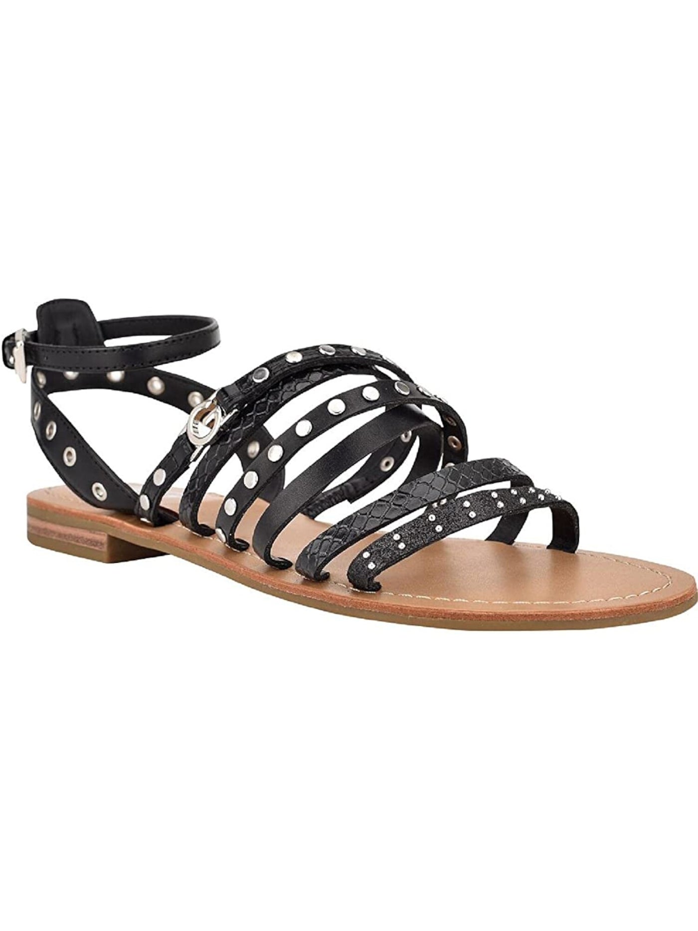 GBG LOS ANGELES Womens Black Adjustable Strap G-Logo Studded Strappy Hoko Round Toe Buckle Sandals Shoes 5.5 M