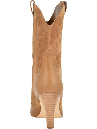 NINE WEST Womens Beige Mixed Media Dual Pull-Tabs Embroidered Padded Alama Pointed Toe Stacked Heel Dress Western Boot 8 M