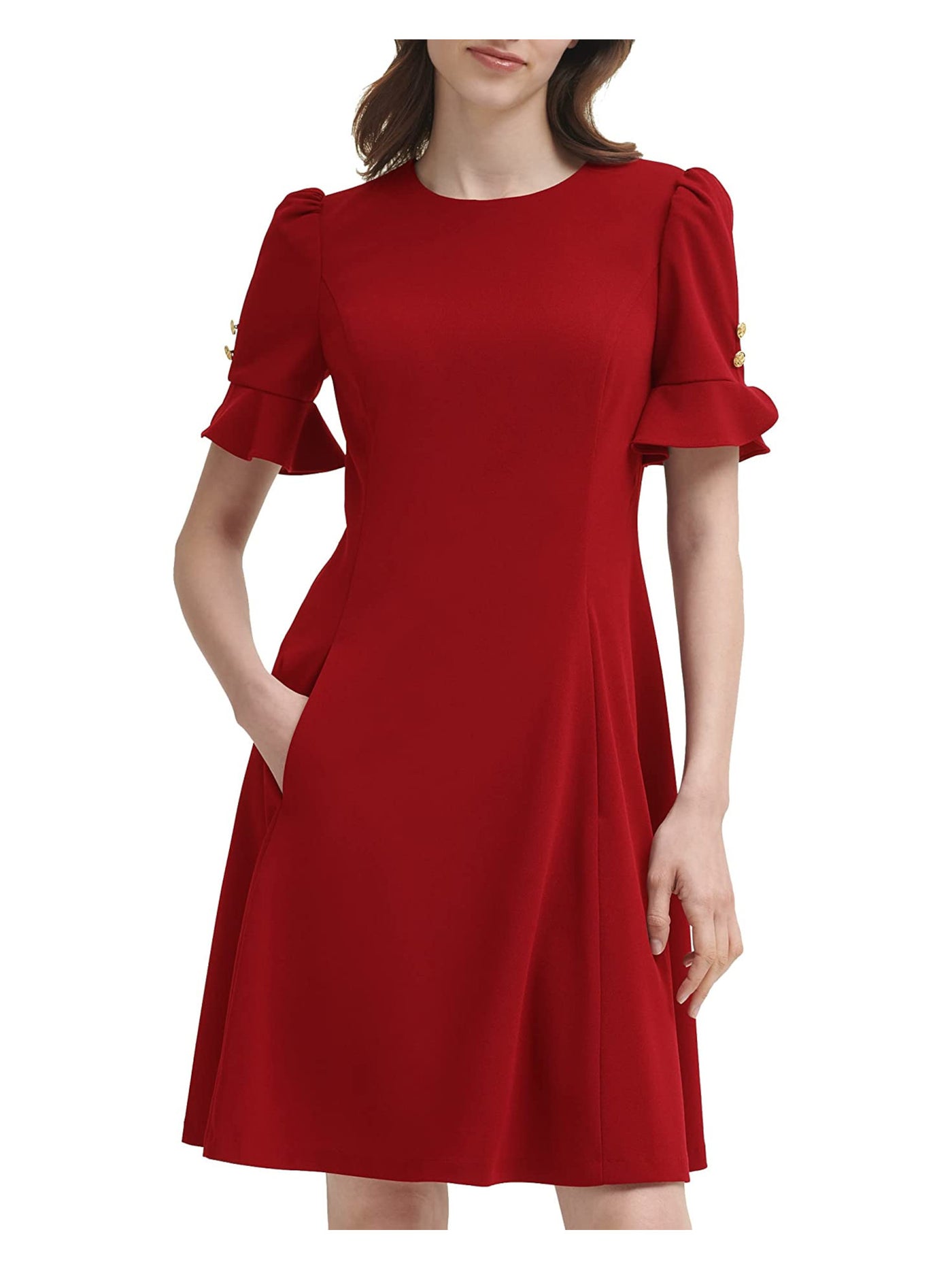DKNY Womens Red Stretch Pocketed Zippered Ruffled Button Detail Pouf Sleeve Crew Neck Above The Knee Wear To Work Fit + Flare Dress 16