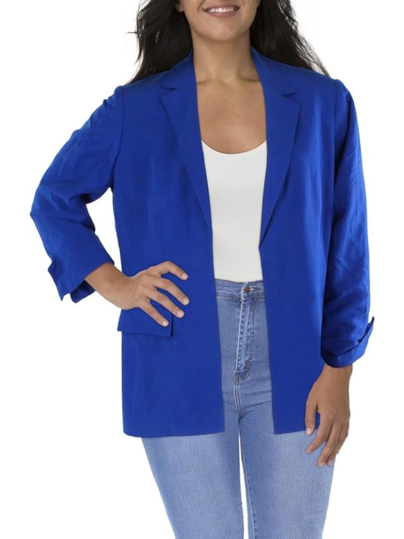 CALVIN KLEIN Womens Blue Open Front Pocketed Rolled Cuffs Shoulder Pads Wear To Work Blazer Jacket Plus 20W