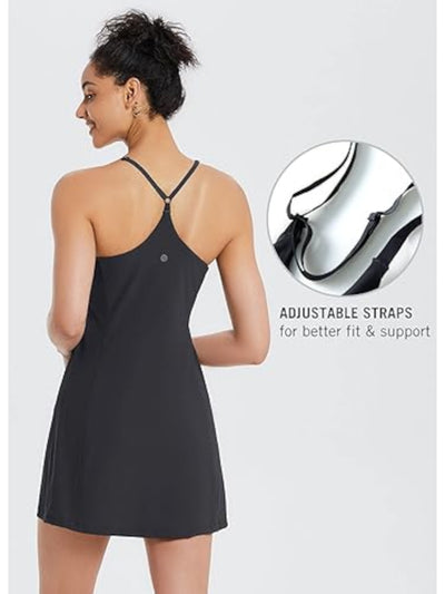 BALEAF Womens Black Unlined Adjustable Built In Bra Vented Hem Spaghetti Strap Scoop Neck Mini Active Wear Shift Dress XL