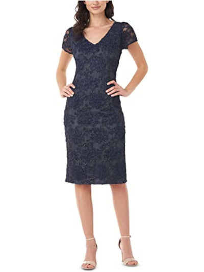 JS COLLECTION Womens Navy Embroidered Zippered Slitted Lined Short Sleeve V Neck Below The Knee Evening Sheath Dress 6