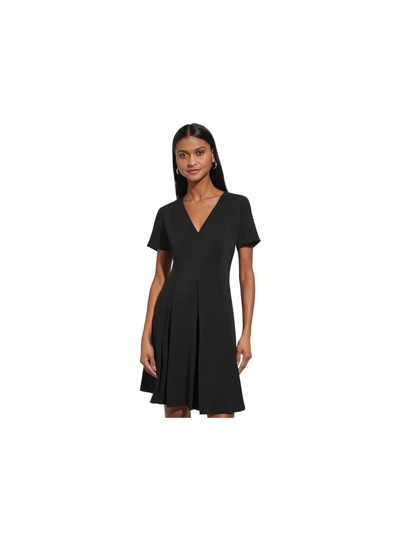 TOMMY HILFIGER Womens Black Pleated Zippered Short Sleeve V Neck Above The Knee Party Fit + Flare Dress 8