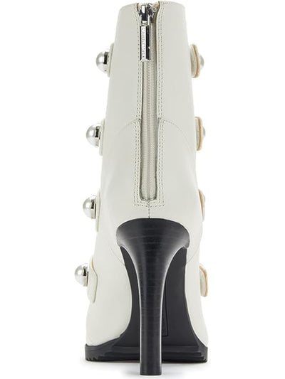 KARL LAGERFELD Womens White Adjustable Embellished Brayden Round Toe Stiletto Zip-Up Leather Booties 5.5 M