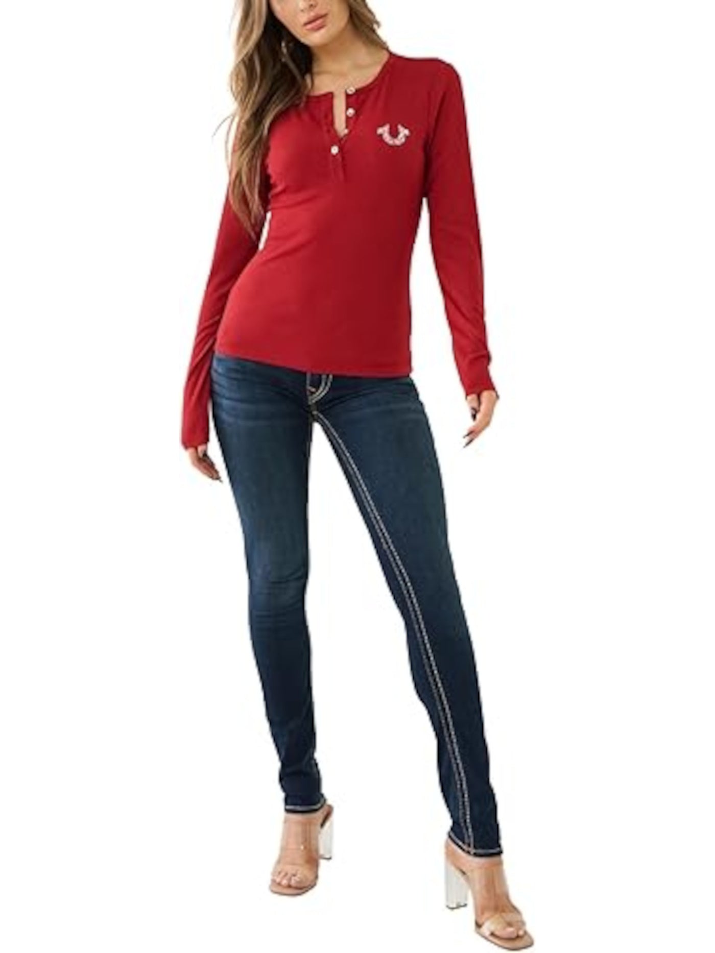 TRUE RELIGION Womens Red Ribbed Rhinestone Button Down Long Sleeve Round Neck Henley Top Plus 2XL