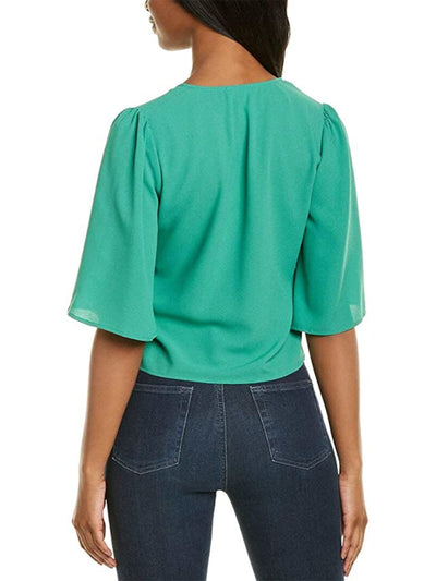 1. STATE Womens Green Tie Sheer Bell Sleeve V Neck Top XXS