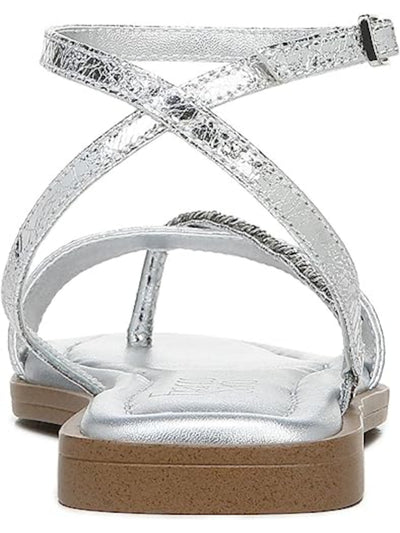 FRANCO SARTO Womens Silver Crinkle Chain Padded Asymmetrical Ankle Strap Mela Square Toe Buckle Thong Sandals Shoes 9.5 M